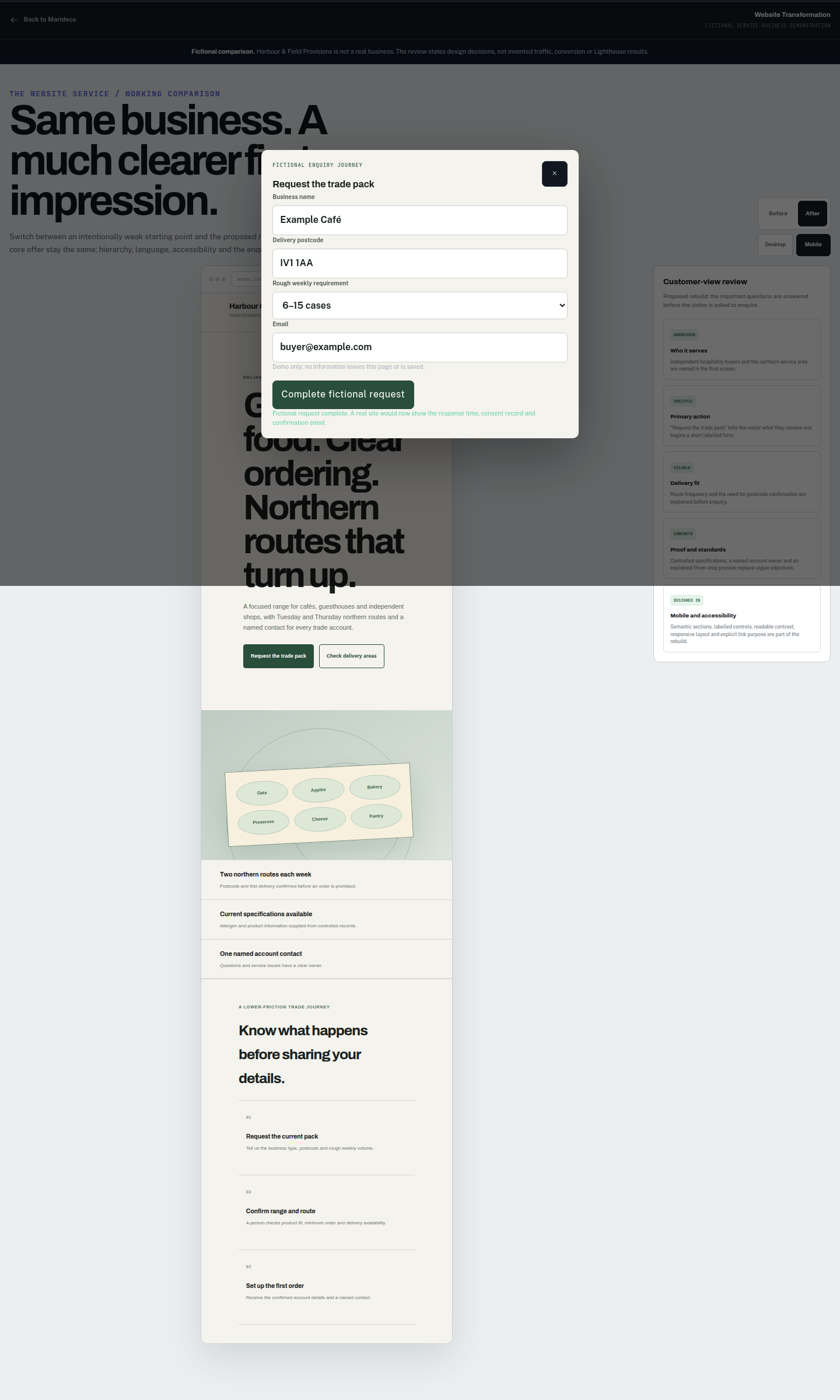 Fictional enquiry journey in the Website Transformation demo